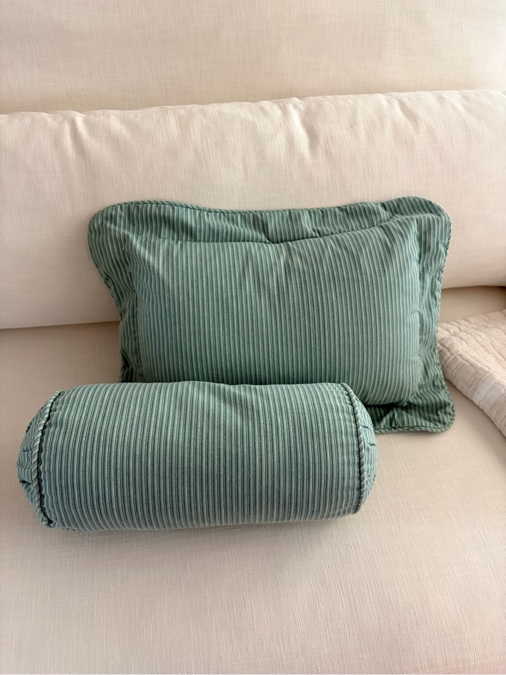 Vintage Green Striped Throw Pillow and Bolster